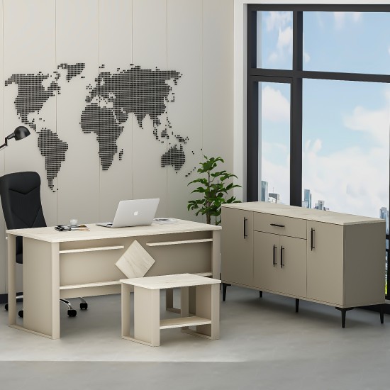 Boss Ofis Takımı 3'lü Set - Masa Sehpa Konsol Kumtaşı - Traverten