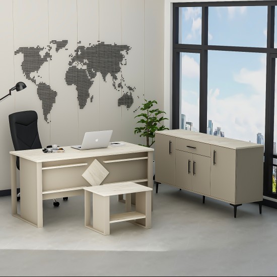 Boss Ofis Takımı 3'lü Set - Masa Sehpa Konsol Kumtaşı - Traverten
