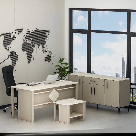 Boss Ofis Takımı 3'lü Set - Masa Sehpa Konsol Kumtaşı - Traverten