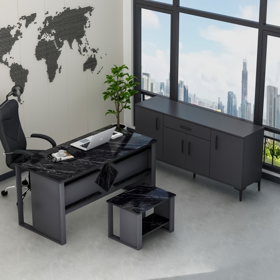 Boss Ofis Takımı 3'lü Set - Masa Sehpa Konsol Antrasit - Mermer (Sandalye Dahil Değildir)