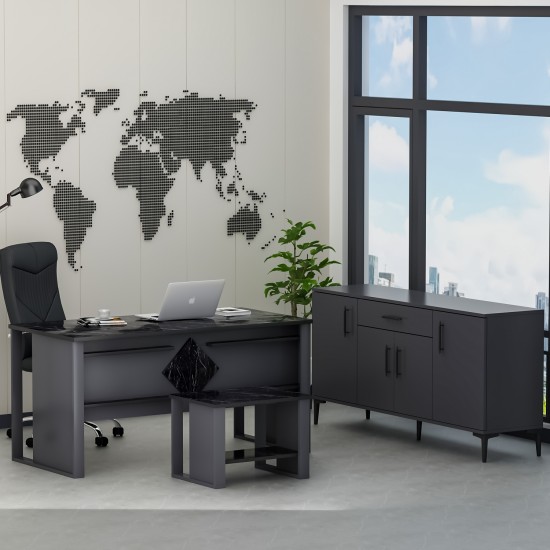 Boss Ofis Takımı 3'lü Set - Masa Sehpa Konsol Antrasit - Mermer (Sandalye Dahil Değildir)