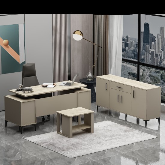 Branco Ofis Takımı 3’lü Set Kumtaşı Traverten Masa, Sehpa, Konsol
