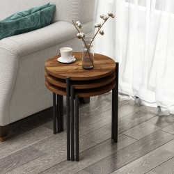 Zuba Zigon Sehpa 3’lü Yuvarlak, Metal Ayaklı, Modern Tarz, Kahve, Servis ve Sunum Sehpası